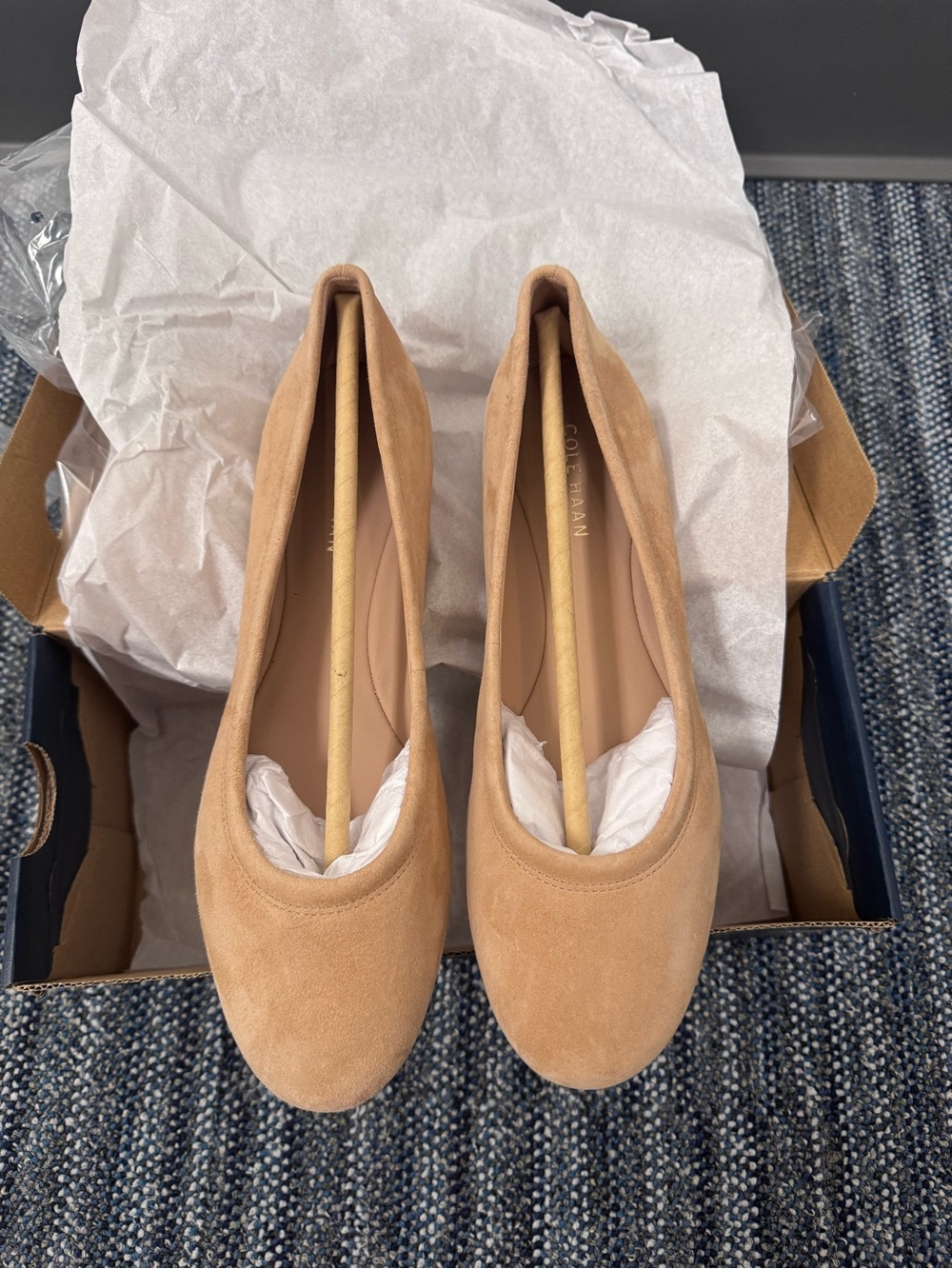 Cole Haan Beige Suede Round-Toe Ballet Flats
